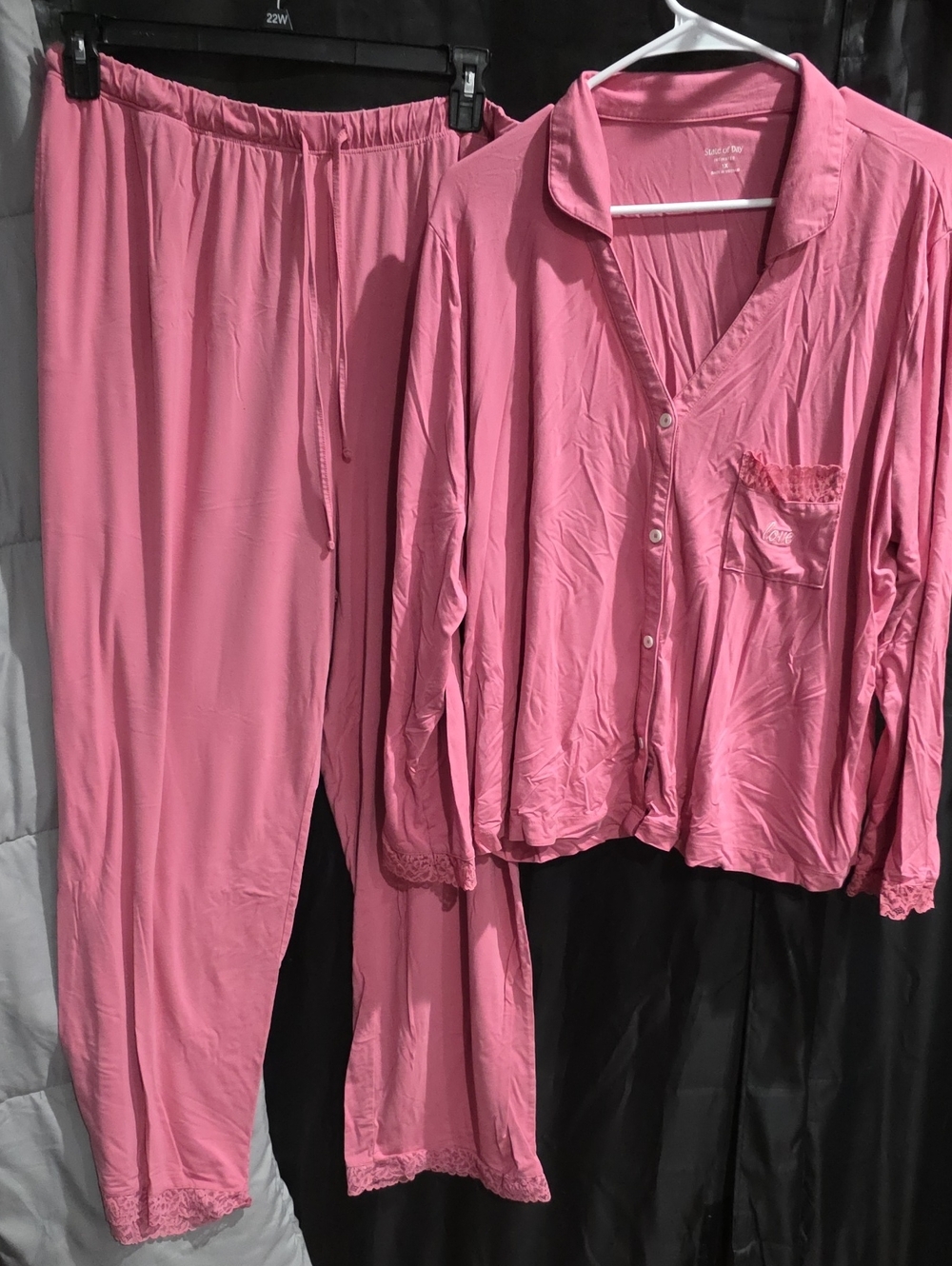 State Of DAY,  Women's Pink Two-Piece Pajama Set with Lace Trim 1X